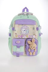 Roxbros Sevimli Kedi Desenli 3'lü Kız Çocuk Okul Çantası Seti -Kalemlik ve Termal Beslenmeli İlkokul Çantası (Su Yeşili - Lila)