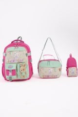 Roxbros Tavşan Figürlü 3'lü Kız Çocuk Okul Çantası Seti - Kalemlik ve Termal Beslenmeli İlkokul Çantası (Fusya - Su Yesili)
