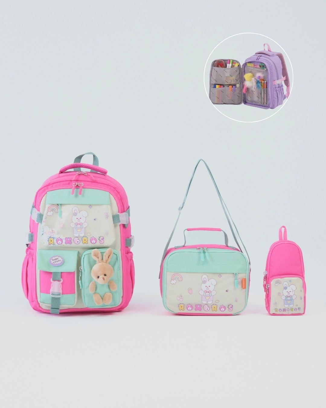 Roxbros Tavşan Figürlü 3'lü Kız Çocuk Okul Çantası Seti - Kalemlik ve Termal Beslenmeli İlkokul Çantası (Fusya - Su Yesili)