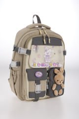 Roxbros Tavşan Figürlü 3'lü Kız Çocuk Okul Çantası Seti - Kalemlik ve Termal Beslenmeli İlkokul Çantası (Bej - Kahverengi)