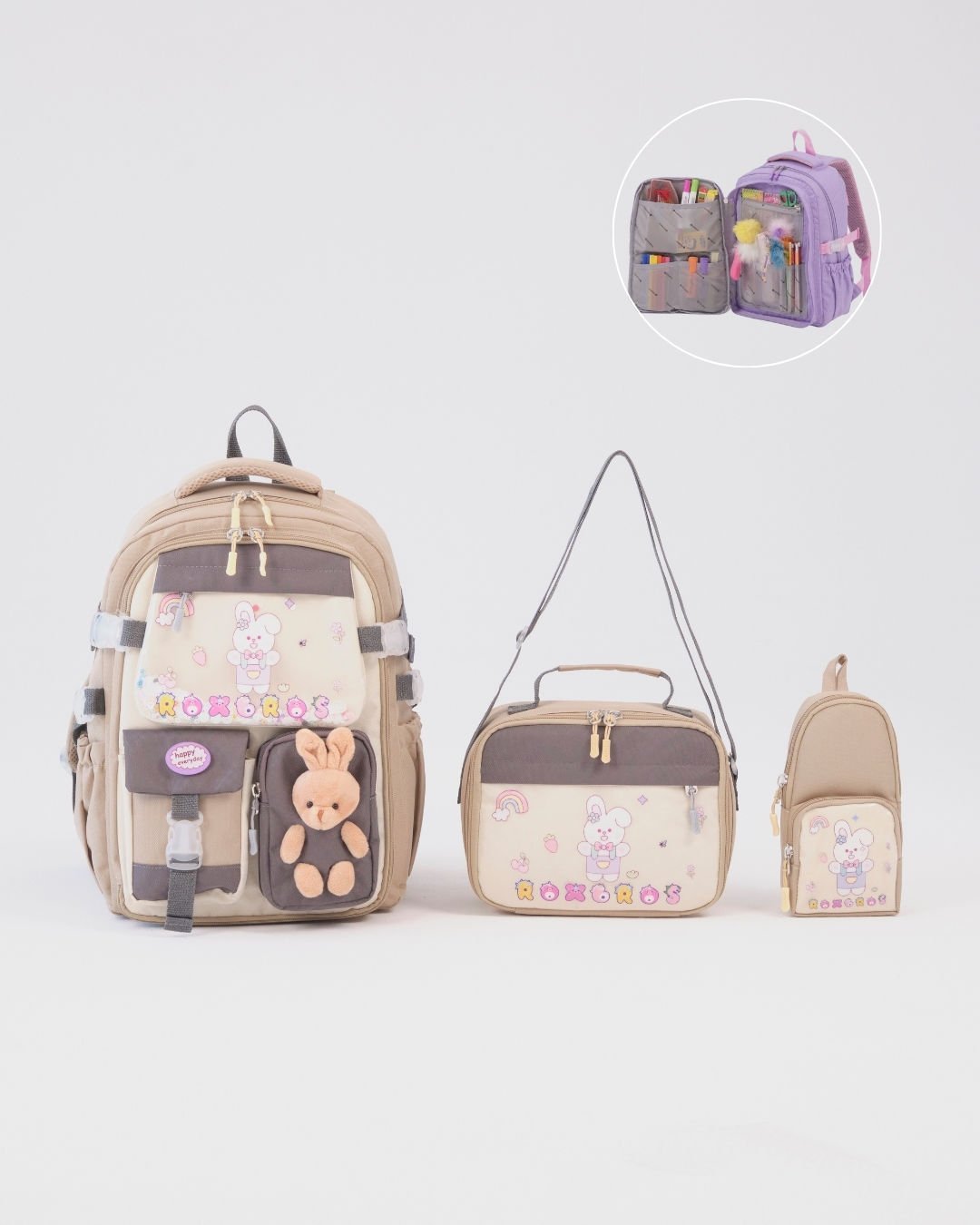 Roxbros Tavşan Figürlü 3'lü Kız Çocuk Okul Çantası Seti - Kalemlik ve Termal Beslenmeli İlkokul Çantası (Bej - Kahverengi)