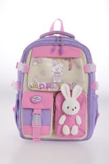 Roxbros Tavşan Figürlü 3'lü Kız Çocuk Okul Çantası Seti - Kalemlik ve Termal Beslenmeli İlkokul Çantası (Mor - Pembe)