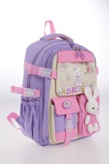 Roxbros Tavşan Figürlü 3'lü Kız Çocuk Okul Çantası Seti - Kalemlik ve Termal Beslenmeli İlkokul Çantası (Mor - Pembe)