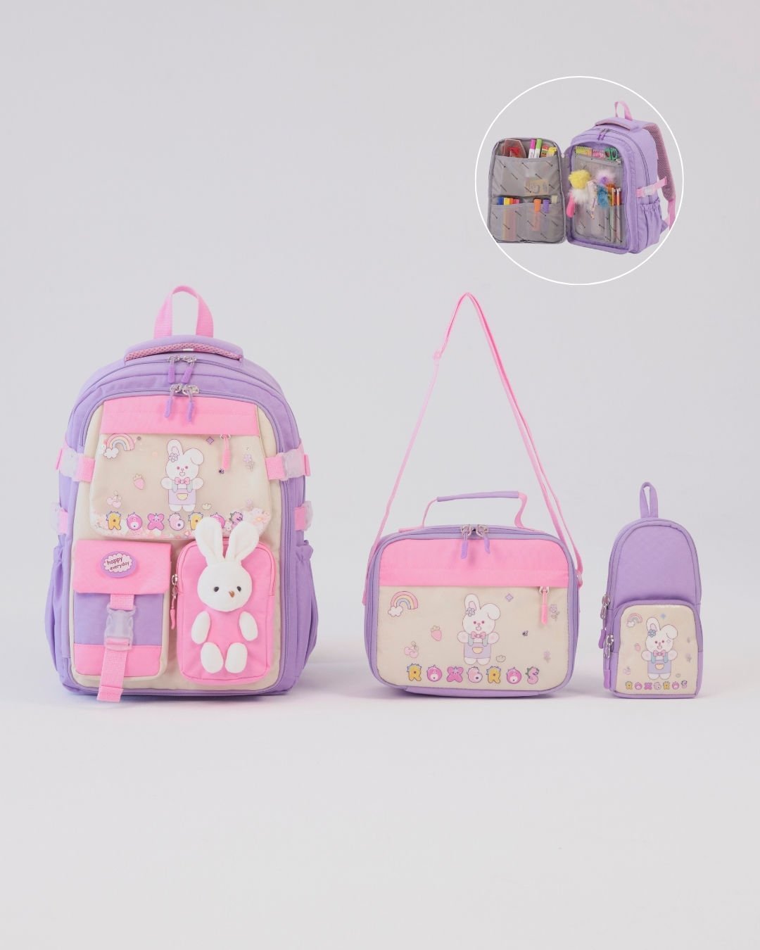 Roxbros Tavşan Figürlü 3'lü Kız Çocuk Okul Çantası Seti - Kalemlik ve Termal Beslenmeli İlkokul Çantası (Mor - Pembe)