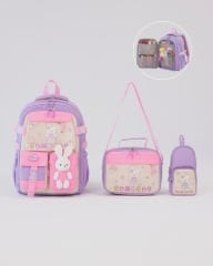 Roxbros Tavşan Figürlü 3'lü Kız Çocuk Okul Çantası Seti - Kalemlik ve Termal Beslenmeli İlkokul Çantası (Mor - Pembe)
