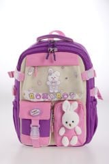 Roxbros Tavşan Figürlü 3'lü Kız Çocuk Okul Çantası Seti - Kalemlik ve Termal Beslenmeli İlkokul Çantası (Mor - Pembe)