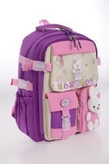 Roxbros Tavşan Figürlü 3'lü Kız Çocuk Okul Çantası Seti - Kalemlik ve Termal Beslenmeli İlkokul Çantası (Mor - Pembe)