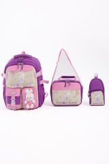 Roxbros Tavşan Figürlü 3'lü Kız Çocuk Okul Çantası Seti - Kalemlik ve Termal Beslenmeli İlkokul Çantası (Mor - Pembe)