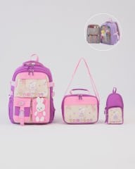 Roxbros Tavşan Figürlü 3'lü Kız Çocuk Okul Çantası Seti - Kalemlik ve Termal Beslenmeli İlkokul Çantası (Mor - Pembe)