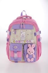 Roxbros Tavşan Figürlü 3'lü Kız Çocuk Okul Çantası Seti - Kalemlik ve Termal Beslenmeli İlkokul Çantası (Pembe -Mor)