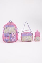 Roxbros Tavşan Figürlü 3'lü Kız Çocuk Okul Çantası Seti - Kalemlik ve Termal Beslenmeli İlkokul Çantası (Pembe -Mor)
