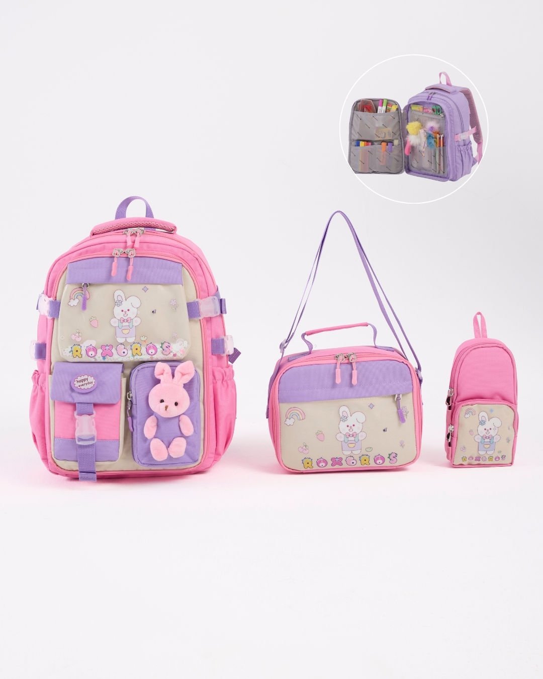 Roxbros Tavşan Figürlü 3'lü Kız Çocuk Okul Çantası Seti - Kalemlik ve Termal Beslenmeli İlkokul Çantası (Pembe -Mor)