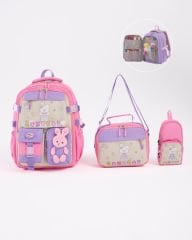 Roxbros Tavşan Figürlü 3'lü Kız Çocuk Okul Çantası Seti - Kalemlik ve Termal Beslenmeli İlkokul Çantası (Pembe -Mor)