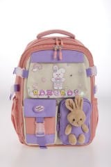 Roxbros Tavşan Figürlü 3'lü Kız Çocuk Okul Çantası Seti - Kalemlik ve Termal Beslenmeli İlkokul Çantası (Pudra - Lila)