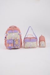 Roxbros Tavşan Figürlü 3'lü Kız Çocuk Okul Çantası Seti - Kalemlik ve Termal Beslenmeli İlkokul Çantası (Pudra - Lila)