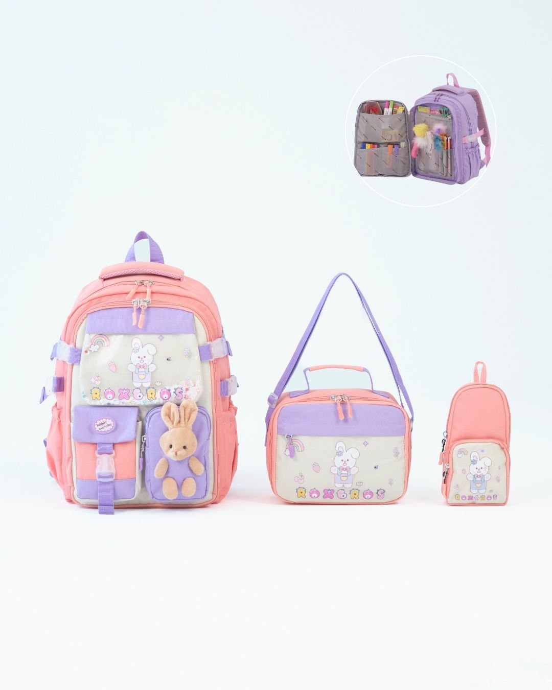 Roxbros Tavşan Figürlü 3'lü Kız Çocuk Okul Çantası Seti - Kalemlik ve Termal Beslenmeli İlkokul Çantası (Pudra - Lila)