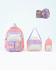 Roxbros Tavşan Figürlü 3'lü Kız Çocuk Okul Çantası Seti - Kalemlik ve Termal Beslenmeli İlkokul Çantası (Pudra - Lila)