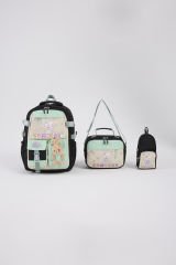 Roxbros Tavşan Figürlü 3'lü Kız Çocuk Okul Çantası Seti - Kalemlik ve Termal Beslenmeli İlkokul Çantası (Siyah - Su Yesili)