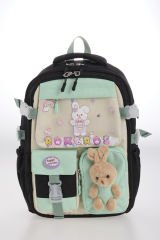 Roxbros Tavşan Figürlü 3'lü Kız Çocuk Okul Çantası Seti - Kalemlik ve Termal Beslenmeli İlkokul Çantası (Siyah - Su Yesili)