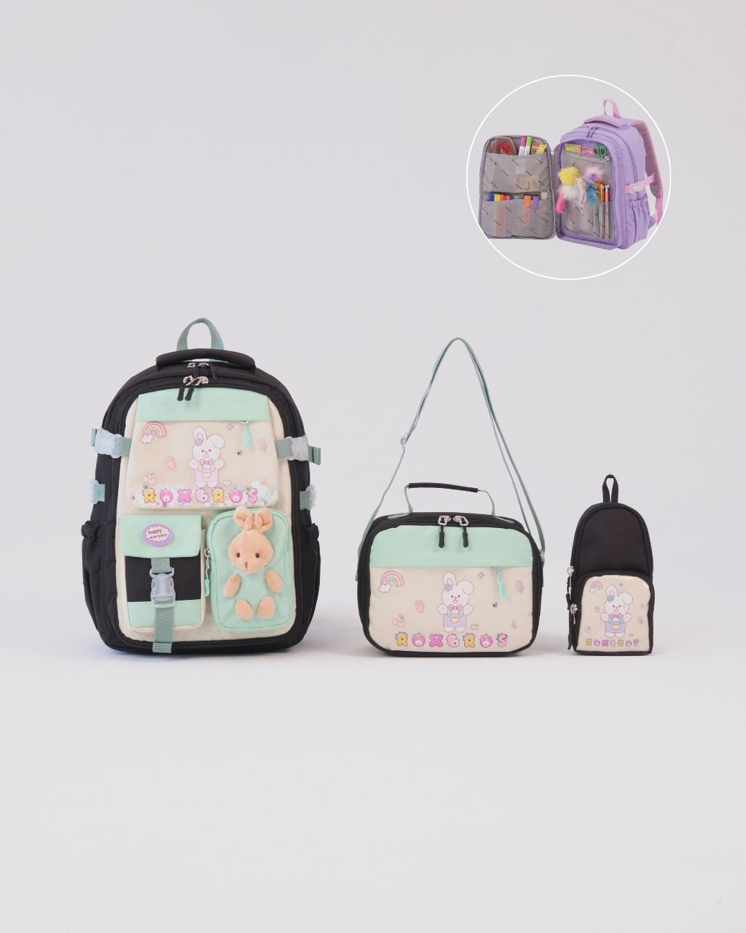 Roxbros Tavşan Figürlü 3'lü Kız Çocuk Okul Çantası Seti - Kalemlik ve Termal Beslenmeli İlkokul Çantası (Siyah - Su Yesili)