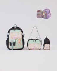 Roxbros Tavşan Figürlü 3'lü Kız Çocuk Okul Çantası Seti - Kalemlik ve Termal Beslenmeli İlkokul Çantası (Siyah - Su Yesili)