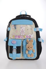 Roxbros Tavşan Figürlü 3'lü Kız Çocuk Okul Çantası Seti - Kalemlik ve Termal Beslenmeli İlkokul Çantası (Siyah - Turkuaz)