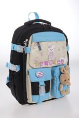 Roxbros Tavşan Figürlü 3'lü Kız Çocuk Okul Çantası Seti - Kalemlik ve Termal Beslenmeli İlkokul Çantası (Siyah - Turkuaz)