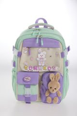 Roxbros Tavşan Figürlü 3'lü Kız Çocuk Okul Çantası Seti - Kalemlik ve Termal Beslenmeli İlkokul Çantası (Su Yesili -Lila)