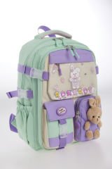 Roxbros Tavşan Figürlü 3'lü Kız Çocuk Okul Çantası Seti - Kalemlik ve Termal Beslenmeli İlkokul Çantası (Su Yesili -Lila)