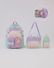 Roxbros Tavşan Figürlü 3'lü Kız Çocuk Okul Çantası Seti - Kalemlik ve Termal Beslenmeli İlkokul Çantası (Su Yesili -Lila)