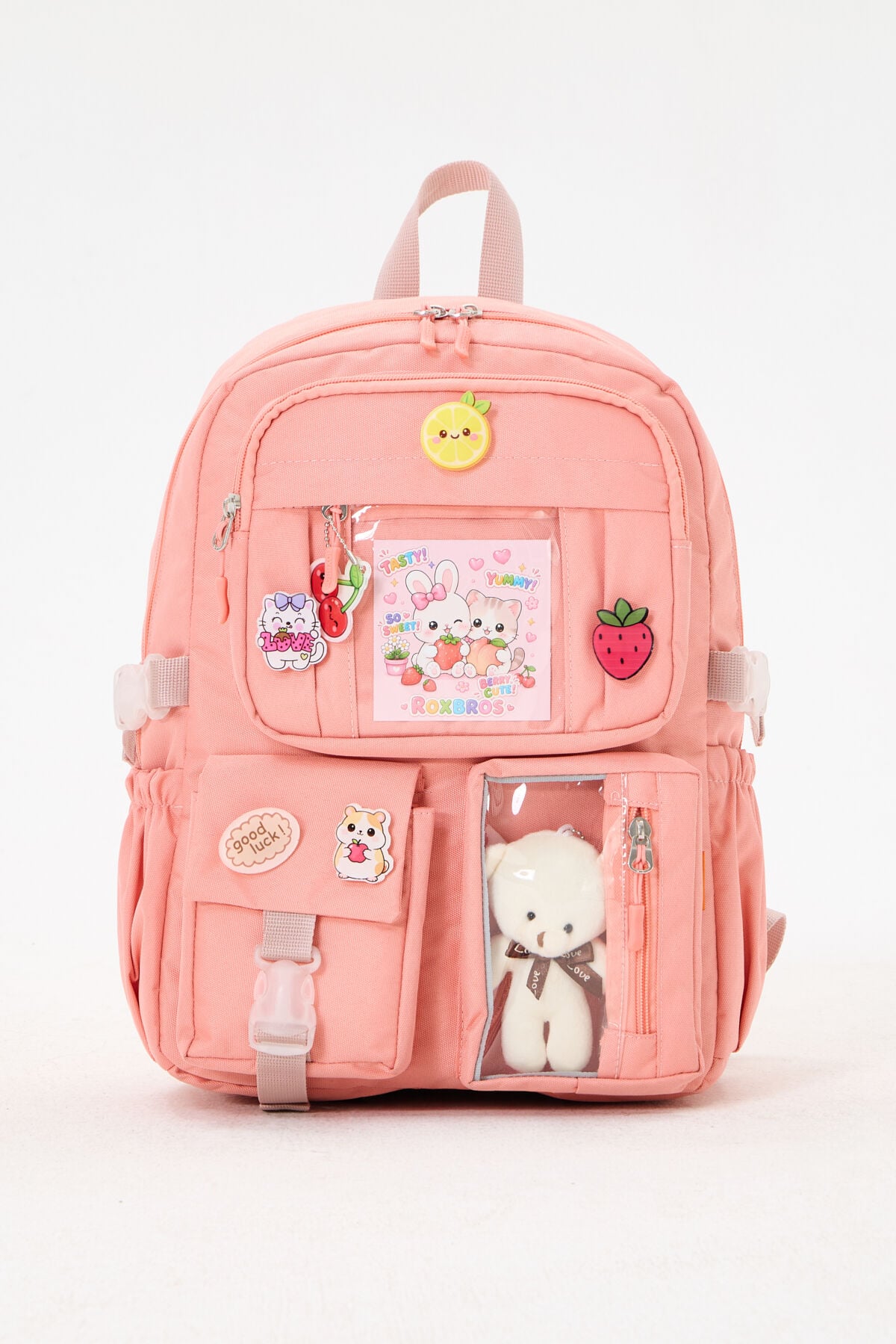 Roxbros Lisanslı Kore Tarzı Kawaii Aksesuarlı Kız Çocuk İlkokul Çantası + Ayıcıklı Okul Çantası (PUDRA)