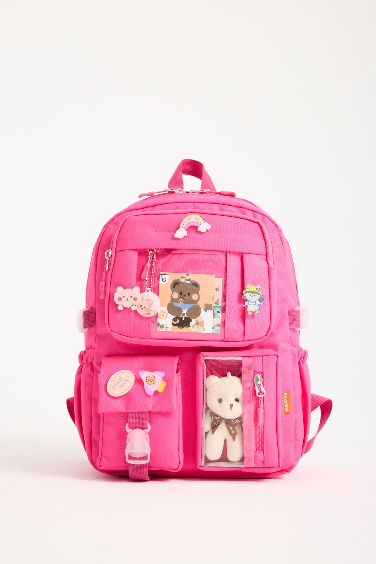 Roxbros Kawaii Kore Tarzı Okul Çantası Aksesuarlı Kız Çocuk ve Erkek Çocuk Sırt Çantası FUSYA