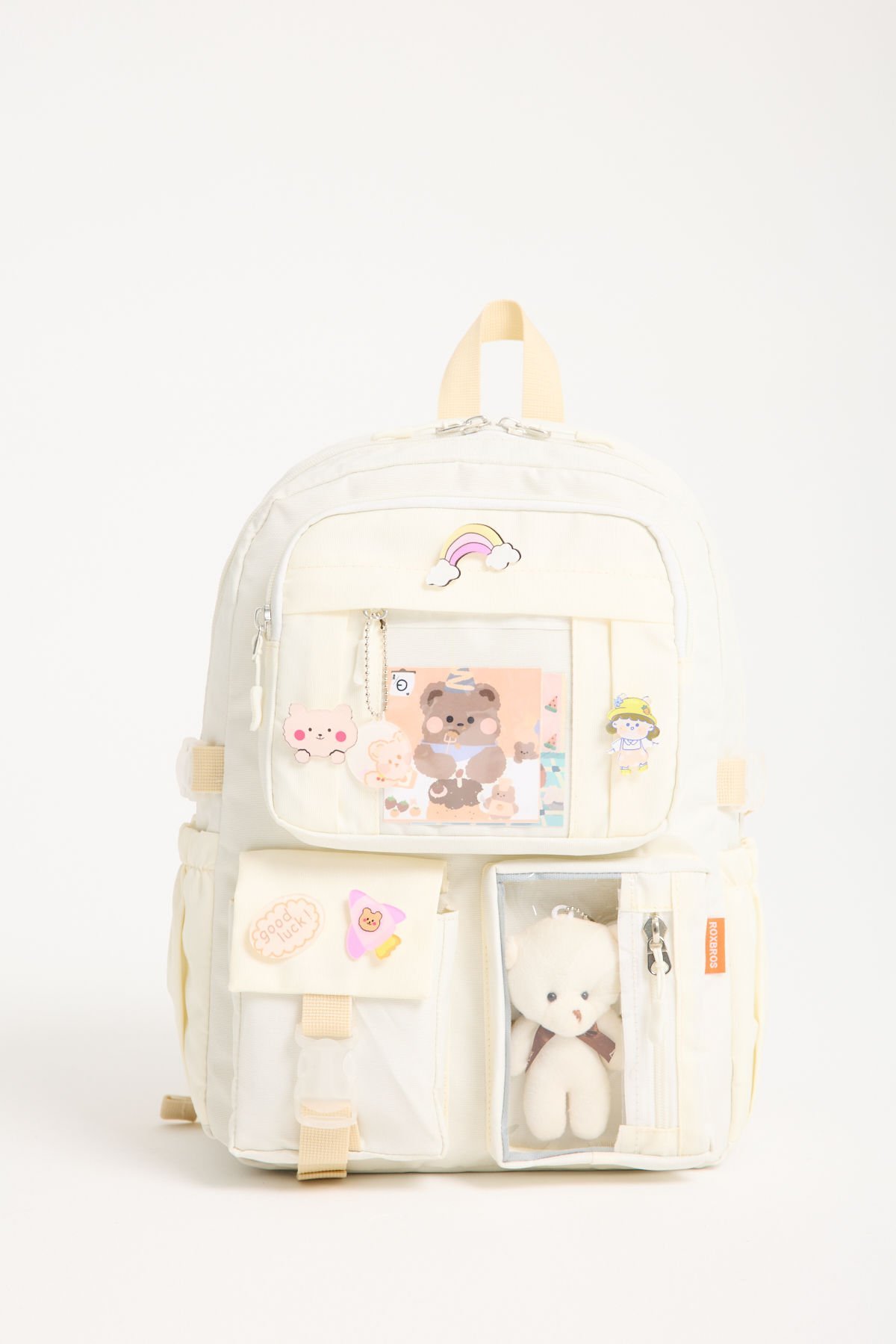 Roxbros Kawaii Kore Tarzı Okul Çantası Aksesuarlı Kız Çocuk ve Erkek Çocuk Sırt Çantası KREM