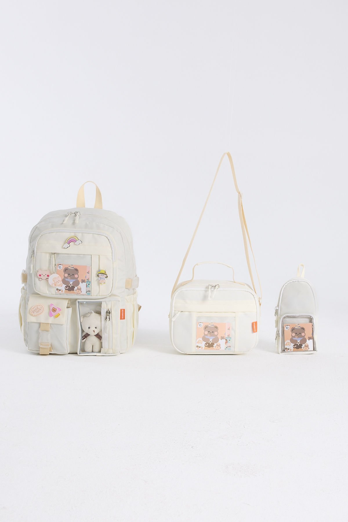 Roxbros Kawaii Kore Tarzı Aksesuarlı 3'lü Set Çocuk İlkokul Çantası Kalemlikli Beslenme Çantalı Sırt Çantası (KREM)
