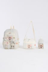 Roxbros Kawaii Kore Tarzı Aksesuarlı 3'lü Set Çocuk İlkokul Çantası Kalemlikli Beslenme Çantalı Sırt Çantası (KREM)