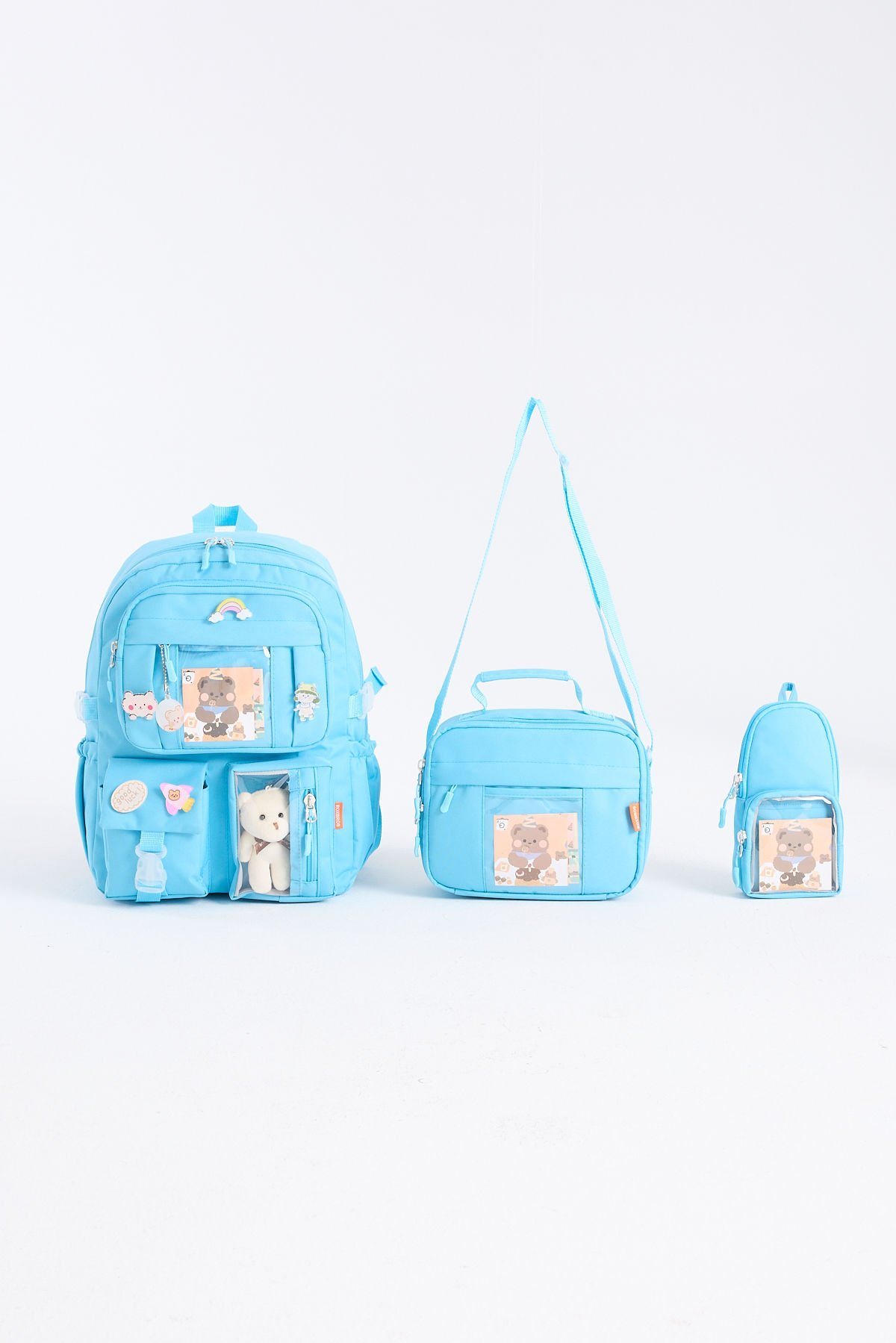 Roxbros Kawaii Kore Tarzı Aksesuarlı 3'lü Set Çocuk İlkokul Çantası Kalemlikli Beslenme Çantalı Sırt Çantası (MAVI)