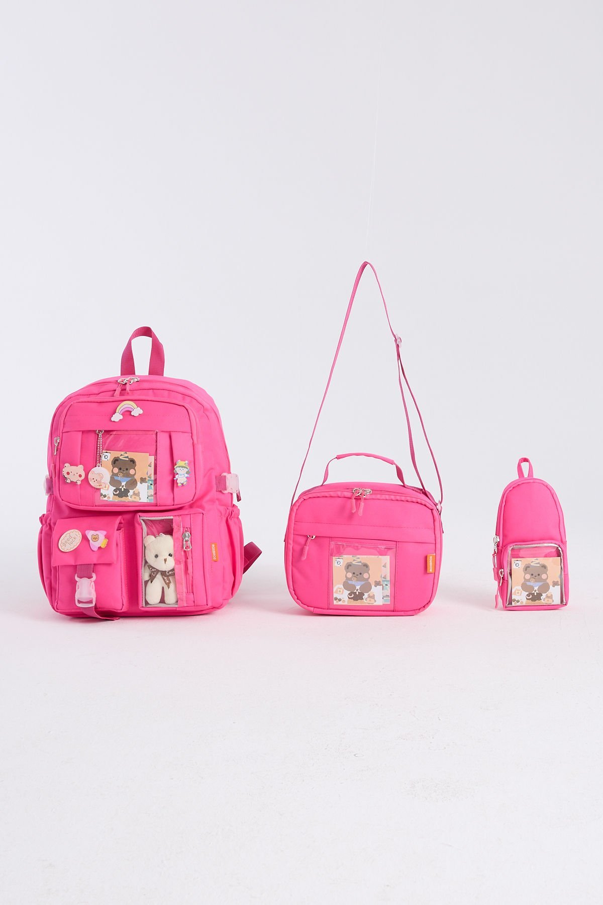 Roxbros Kawaii Kore Tarzı Aksesuarlı 3'lü Set Çocuk İlkokul Çantası Kalemlikli Beslenme Çantalı Sırt Çantası (FUSYA)