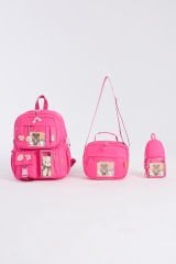 Roxbros Kawaii Kore Tarzı Aksesuarlı 3'lü Set Çocuk İlkokul Çantası Kalemlikli Beslenme Çantalı Sırt Çantası (FUSYA)