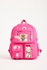 Roxbros Kawaii Kore Tarzı Aksesuarlı 3'lü Set Çocuk İlkokul Çantası Kalemlikli Beslenme Çantalı Sırt Çantası (FUSYA)