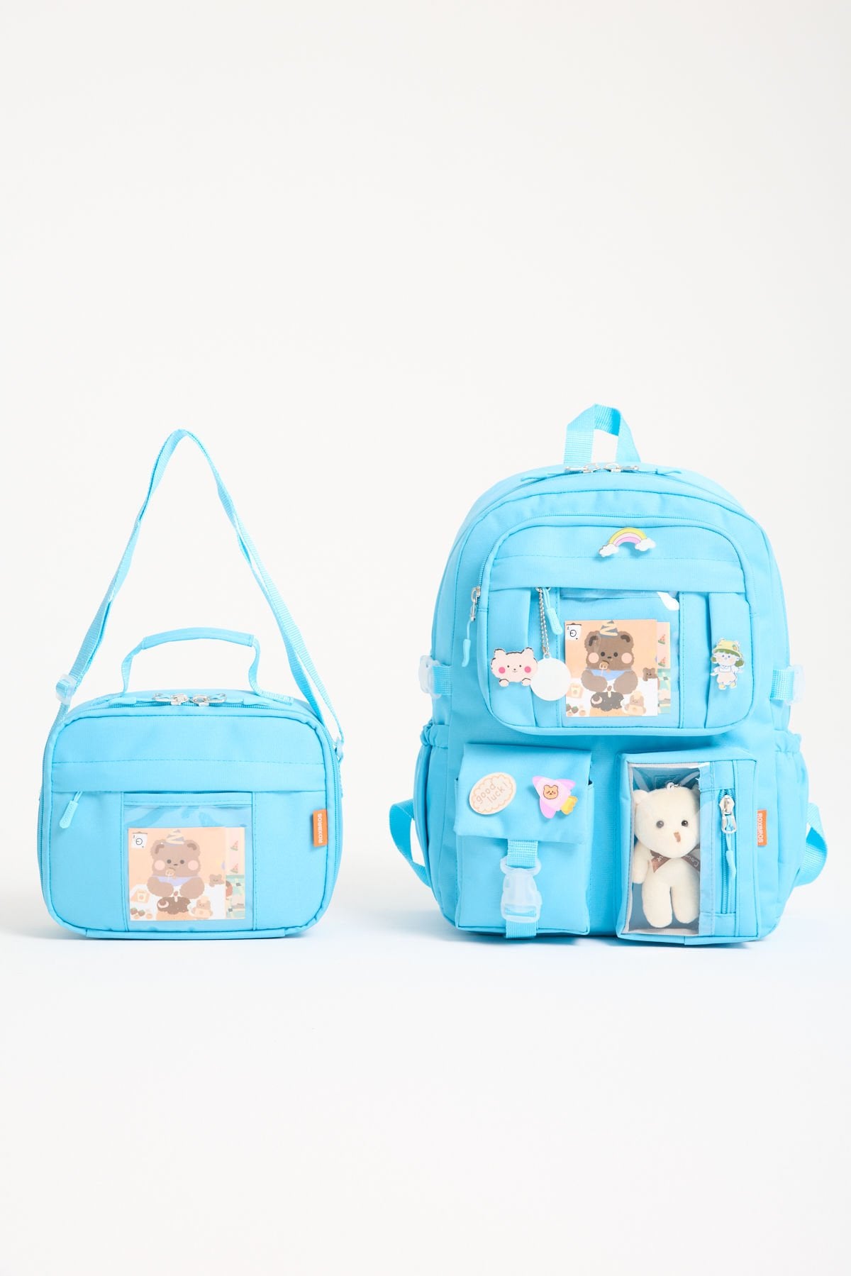 Roxbros Kawaii Kore Tarzı Aksesuarlı Ilkokul Sırt Çantası Kız Ve Isı Yalıtımlı Termoslu Beslenme Çantası Set MAVI