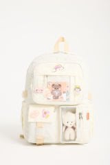 Roxbros Kawaii Kore Tarzı Aksesuarlı Ilkokul Sırt Çantası Kız Ve Isı Yalıtımlı Termoslu Beslenme Çantası Set KREM