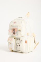 Roxbros Kawaii Kore Tarzı Aksesuarlı Ilkokul Sırt Çantası Kız Ve Isı Yalıtımlı Termoslu Beslenme Çantası Set KREM