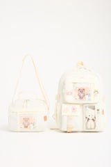 Roxbros Kawaii Kore Tarzı Aksesuarlı Ilkokul Sırt Çantası Kız Ve Isı Yalıtımlı Termoslu Beslenme Çantası Set KREM