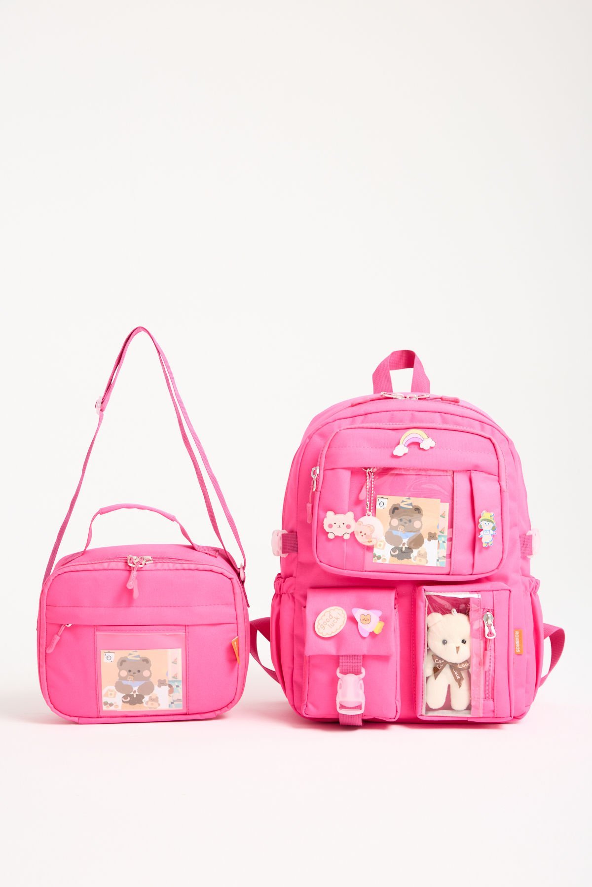 Roxbros Kawaii Kore Tarzı Aksesuarlı Ilkokul Sırt Çantası Kız Ve Isı Yalıtımlı Termoslu Beslenme Çantası Set FUSYA