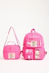 Roxbros Kawaii Kore Tarzı Aksesuarlı Ilkokul Sırt Çantası Kız Ve Isı Yalıtımlı Termoslu Beslenme Çantası Set FUSYA