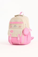 Roxbros Kore Tarzı Aksesuarlı Kız Çocuk Okul Çantası & Erkek Çocuk Sırt Çantası İlkokul, Ortaokul, Lise (PEMBE - KREM)