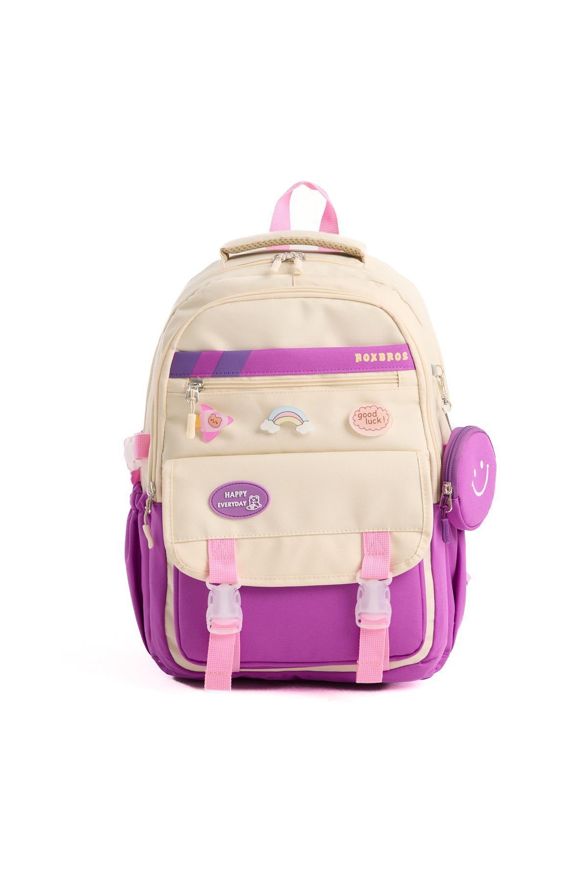Roxbros Kore Tarzı Aksesuarlı Kız Çocuk Okul Çantası & Erkek Çocuk Sırt Çantası İlkokul, Ortaokul, Lise (MOR - KREM)