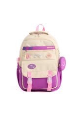 Roxbros Kore Tarzı Aksesuarlı Kız Çocuk Okul Çantası & Erkek Çocuk Sırt Çantası İlkokul, Ortaokul, Lise (MOR - KREM)