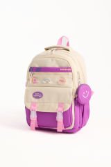 Roxbros Kore Tarzı Aksesuarlı Kız Çocuk Okul Çantası & Erkek Çocuk Sırt Çantası İlkokul, Ortaokul, Lise (MOR - KREM)