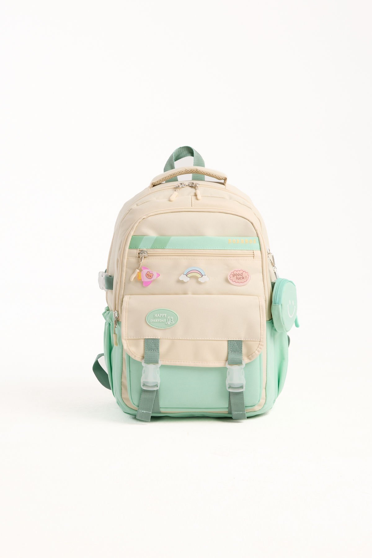 Roxbros Kore Tarzı Aksesuarlı Kız Çocuk Okul Çantası & Erkek Çocuk Sırt Çantası İlkokul, Ortaokul, Lise (SU YESILI - KREM)